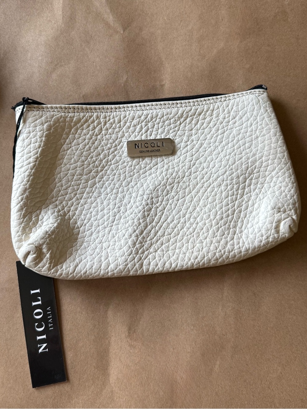 NICOLI Cream Quilted Leather Zip Pouch